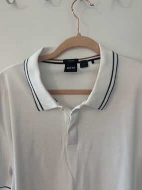 BOSS White Polo with Navy Double-Stripe Collar
